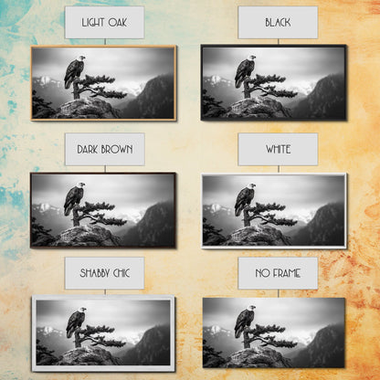 Majestic Bald Eagle, pine tree art, bird art, nature photography, mountain painting, wildlife art, extra wide art, framed canvas print