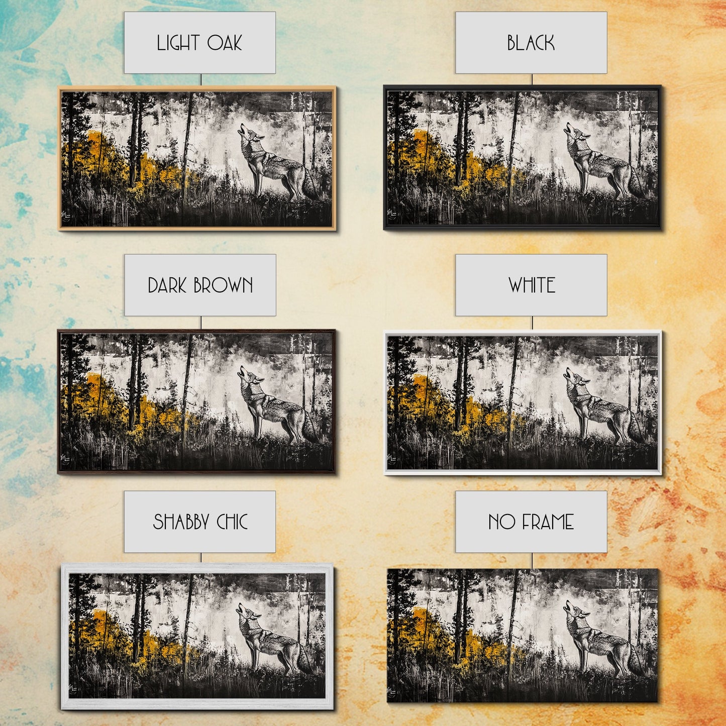 Howling Wolf, moody art, pine tree art, rustic wall art, forest at dusk painting, extra wide art, framed canvas print, southwestern art