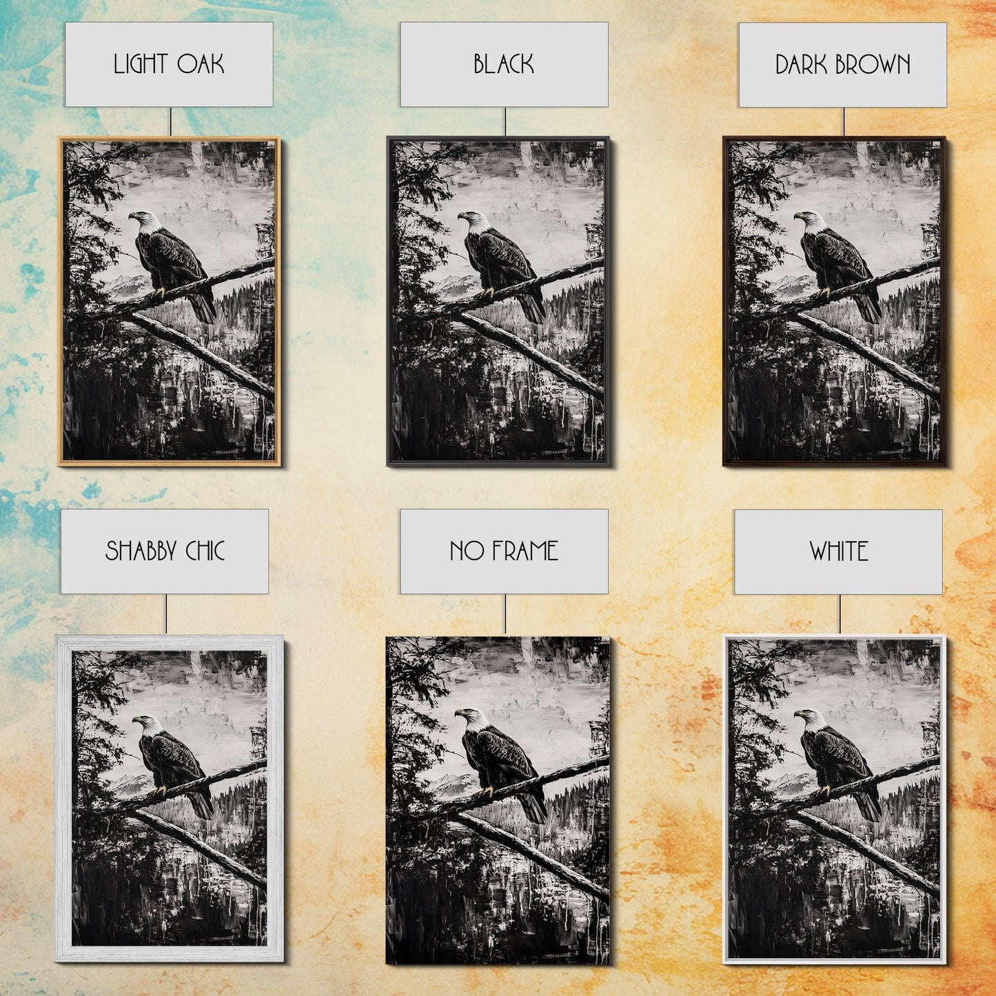 Bald Eagle, majestic bird, black and white, rustic decor, wildlife painting, nature art, framed canvas print, farmhouse wall art