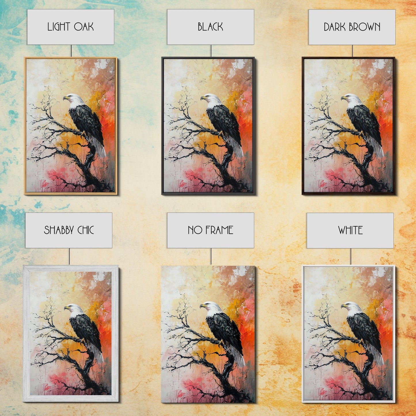 Eagle on Branch, textured painting, wildlife wall art, rustic art, autumn colors, farmhouse decor, framed canvas print, bird art