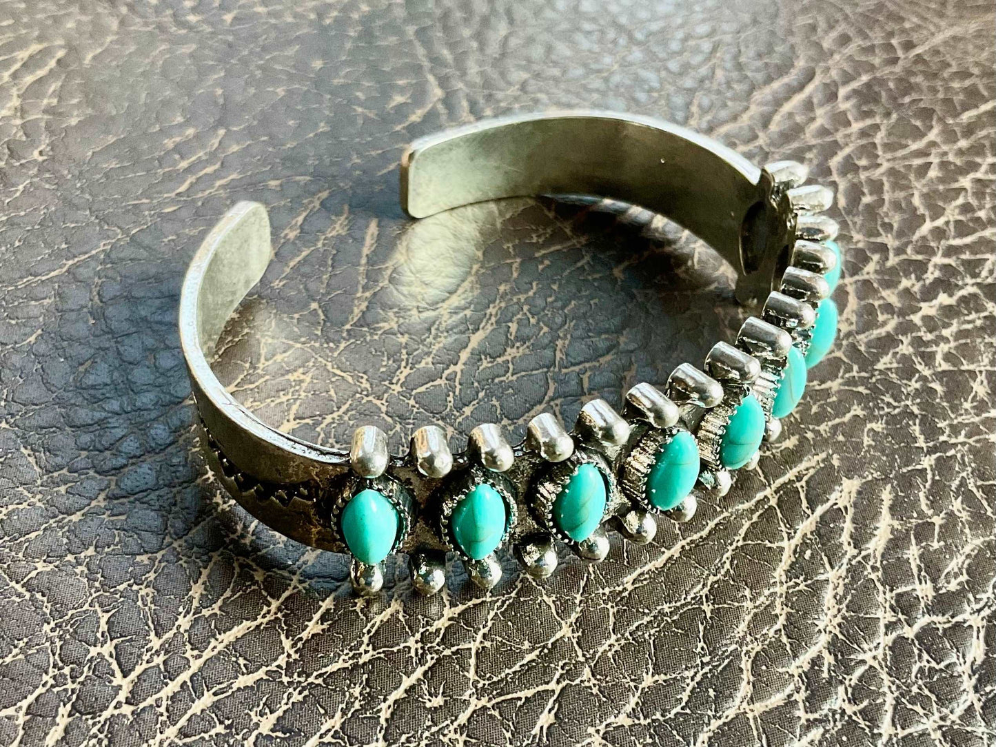 Light weight silver multi row turquoise stone bracelet with bohemian trim large bangle cuff jewelry