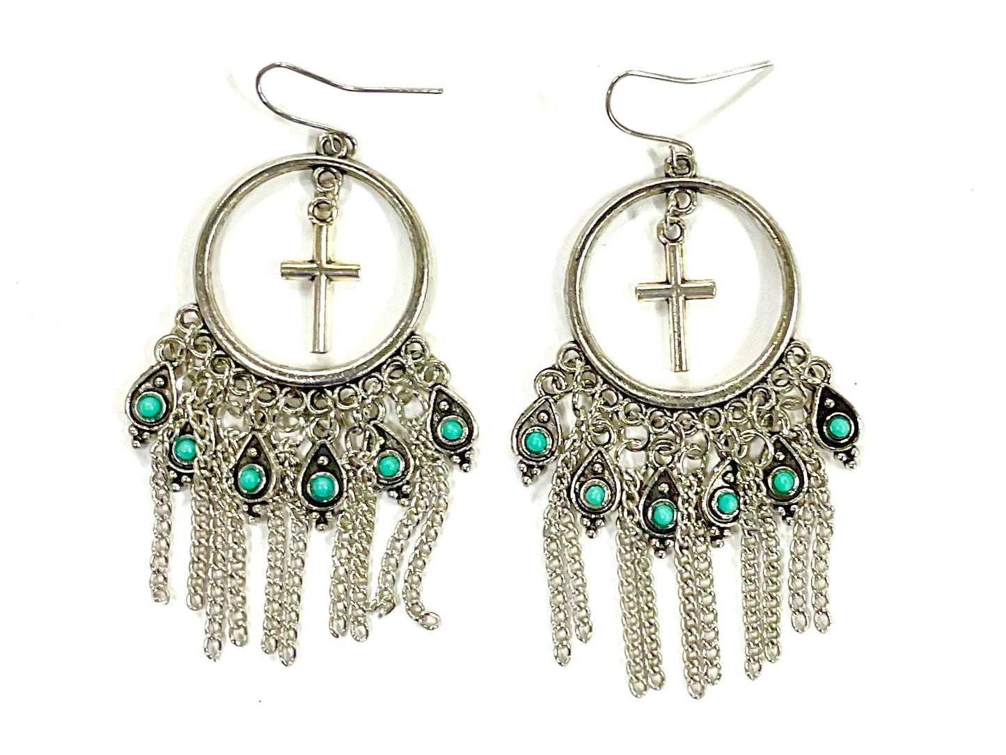 Silver Cross 10 Tassel Earrings Turquoise Bohemian Boho Tassel Dangle Hippie Hand Assembled Drop Jewelry