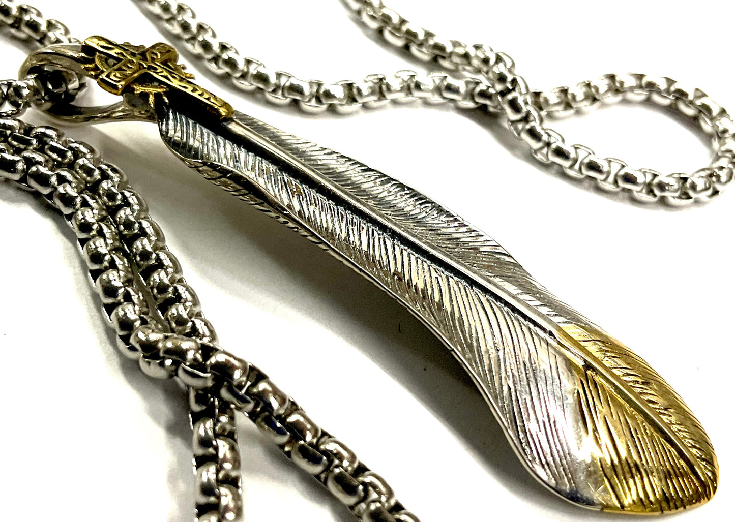 Solid Sterling Silver Cross and Eagle Feather Necklace with Detailed Engraving