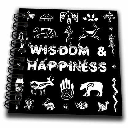 3dRose Alexis Design - Positive - Native American Symbols, Text Wisdom and Happiness White on Black - Drawing Book