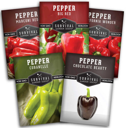 Sweet Pepper Collection - California Wonder Bell, Marconi Red, Cubanelle, Chocolate Beauty, and Big Red Peppers