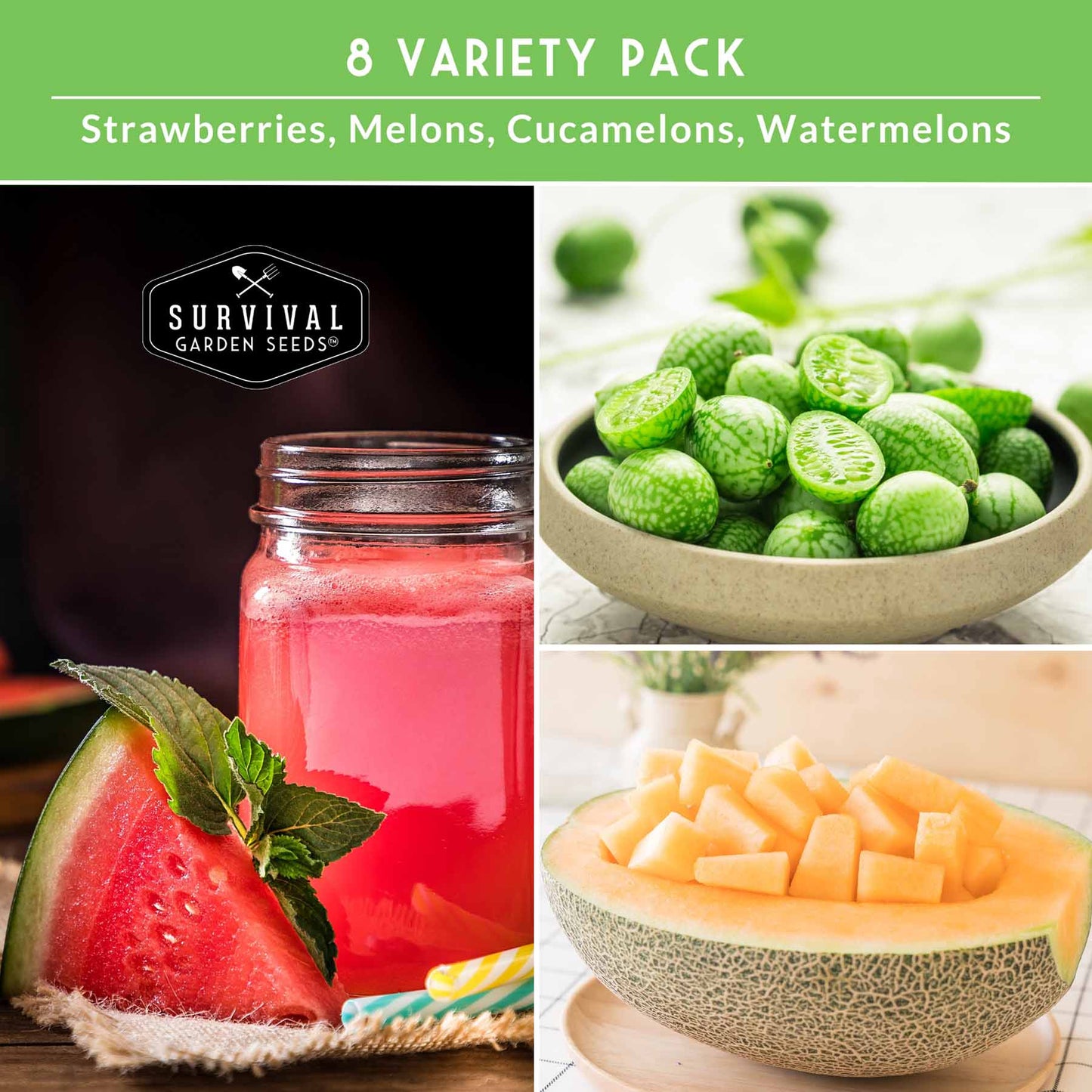 8-Variety Heirloom Fruit Seed Collection – Non-GMO Strawberry, Melon & Watermelon Seeds for Home Gardens