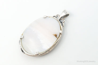 VTG Pink Mother of Pearl Marcasite Butterfly Flower Sterling Silver Pendant