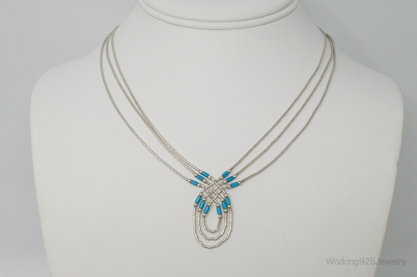 Vintage Native American Unsigned Turquoise Sterling Silver Bead Necklace