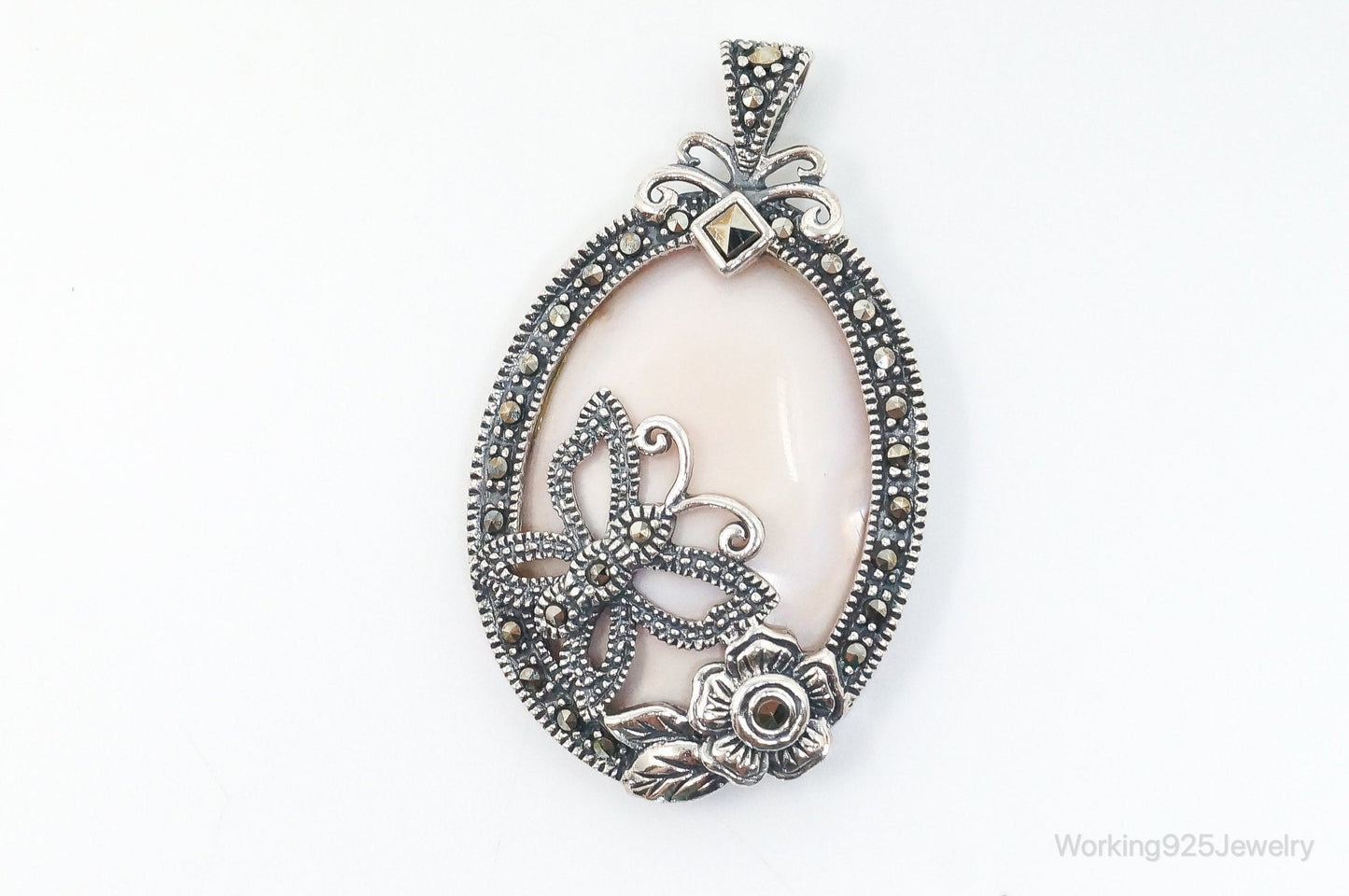 VTG Pink Mother of Pearl Marcasite Butterfly Flower Sterling Silver Pendant