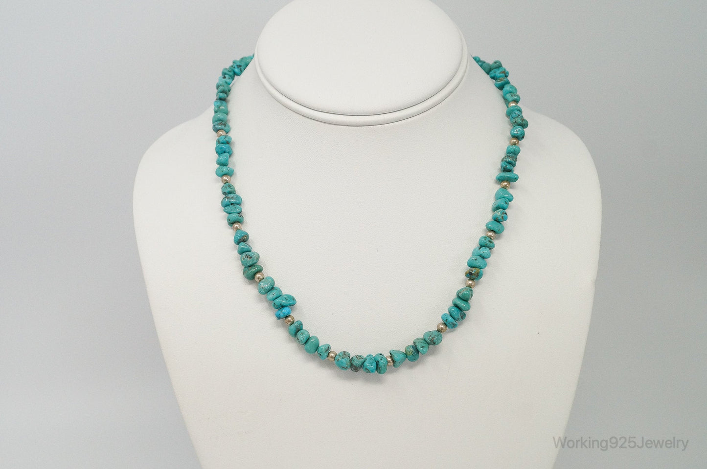 Vintage Native American Unsigned Turquoise Beaded Sterling Silver Necklace