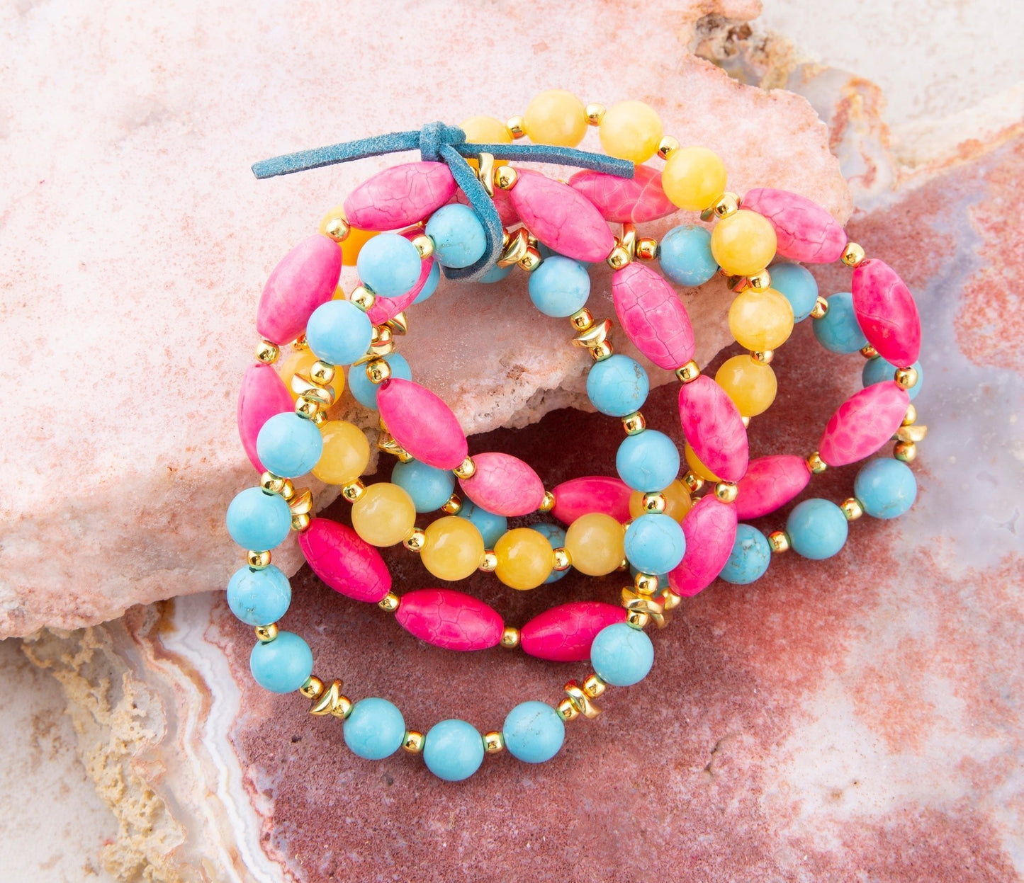 St. Augustine Pink Agate & Turquoise Stack Bracelet