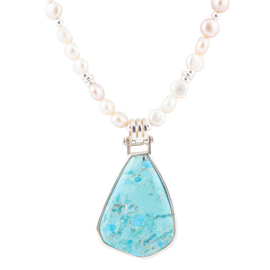 Blue Turquoise Pendant and White Pearl Sterling Silver Necklace