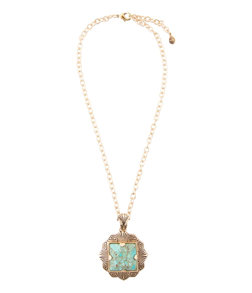 Blue Turquoise Square Golden Pendant Necklace