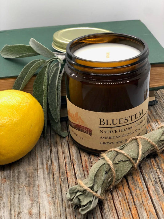 Bluestem Soy Wax Candle | 9 oz Amber Apothecary Jar