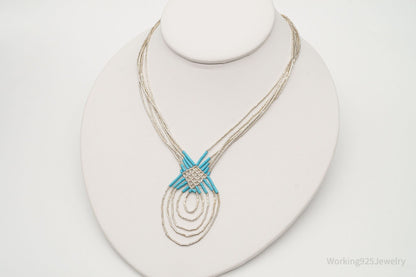 Vintage Native American Blue Turquoise Bead Sterling Silver Necklace