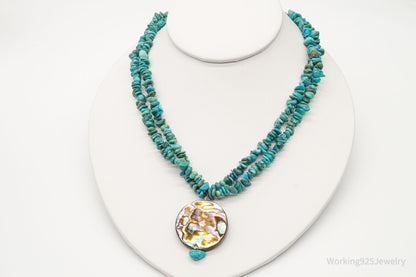 Vintage Native American Turquoise Abalone Shell Bead Sterling Silver Necklace