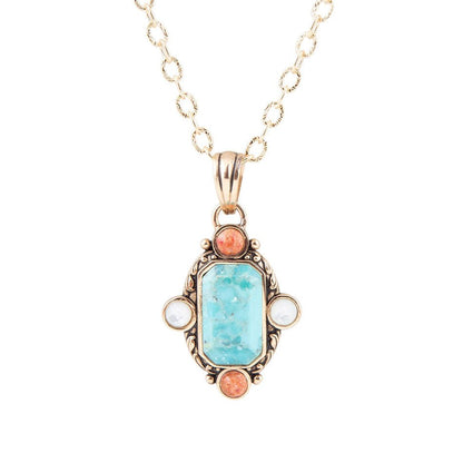 Champs Blue Turquoise and Orange Coral Golden Pendant Necklace