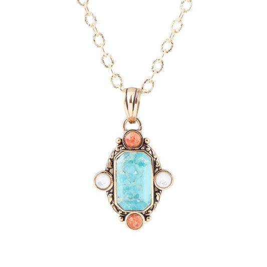Champs Blue Turquoise and Orange Coral Golden Pendant Necklace