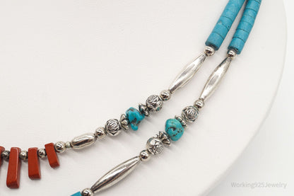 Vintage Native American Red Jasper Blue Turquoise Silver Bead Necklace 24"