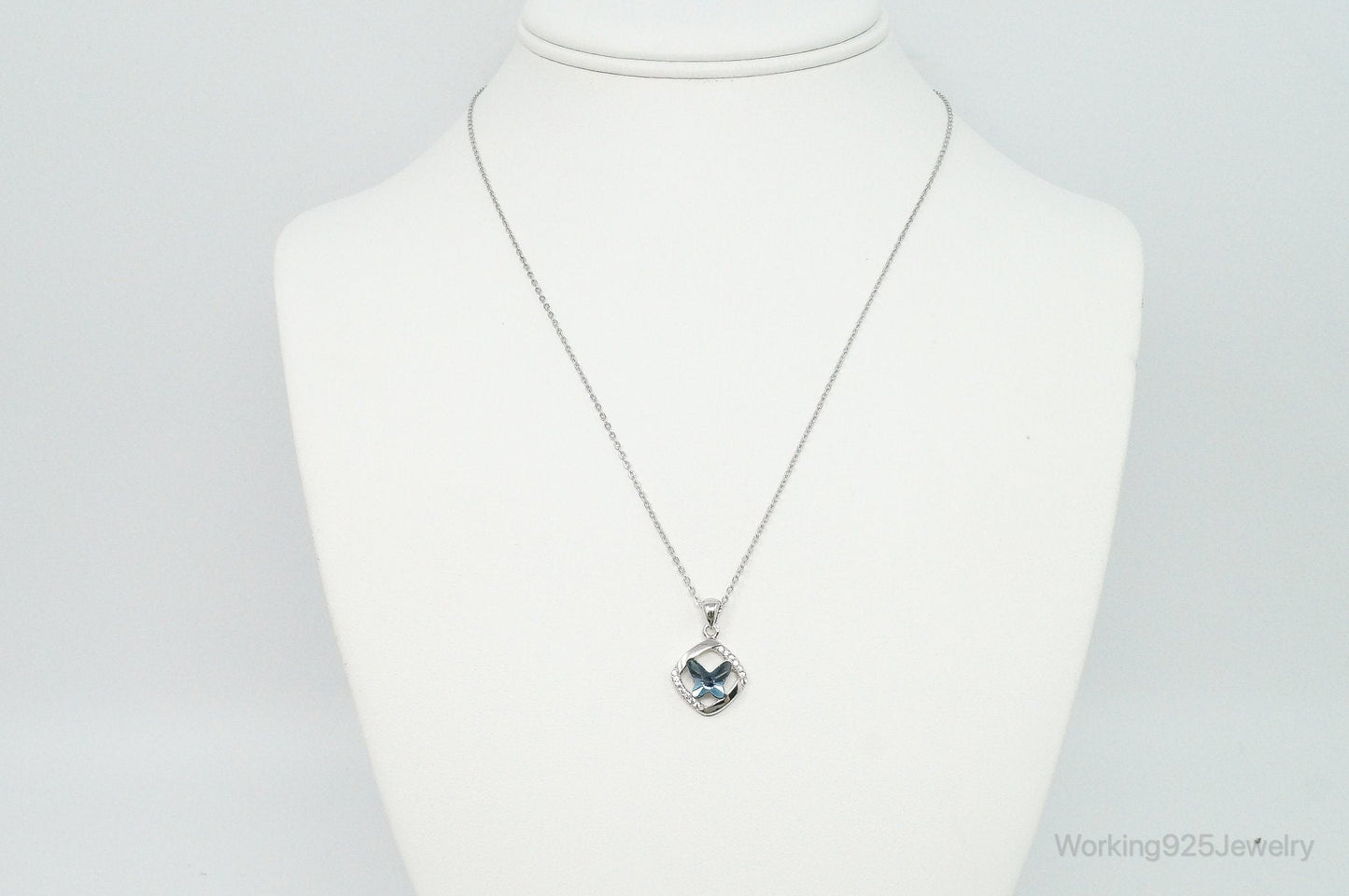 Blue Crystal Cubic Zirconia Butterfly Sterling Silver Necklace