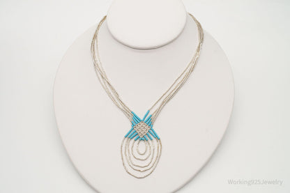 Vintage Native American Blue Turquoise Bead Sterling Silver Necklace