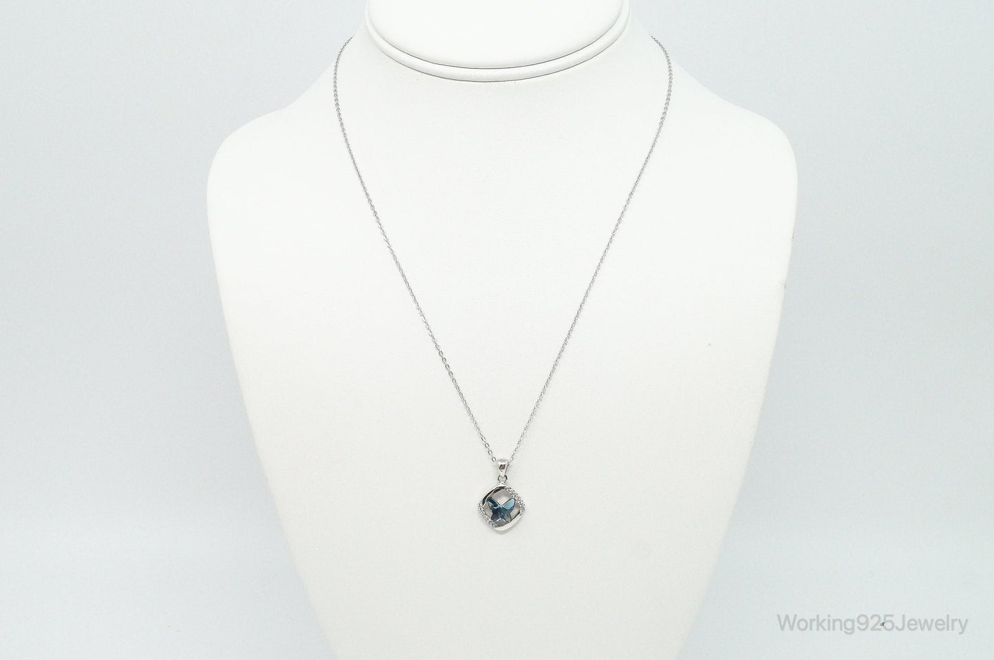 Blue Crystal Cubic Zirconia Butterfly Sterling Silver Necklace