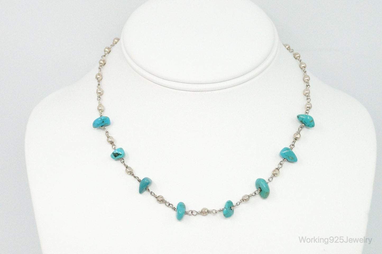 Vintage Native American Turquoise Sterling Silver Bead Necklace