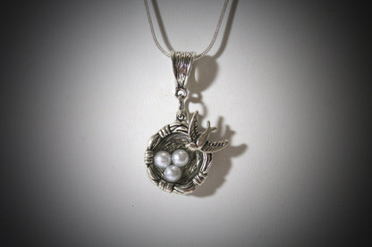 Mama Bird and Nest Pendant on Silver Chain, Gift For Her, Valentines Gift, Girlfriend Gift, Gift For Mom, Bird Nest, Caretaker Gift