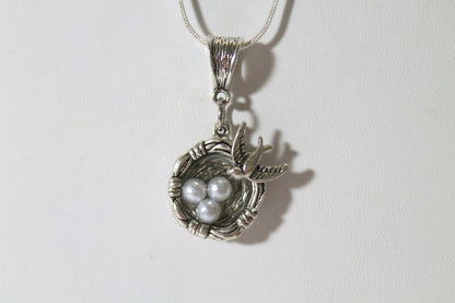 Mama Bird and Nest Pendant on Silver Chain, Gift For Her, Valentines Gift, Girlfriend Gift, Gift For Mom, Bird Nest, Caretaker Gift