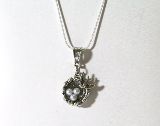 Mama Bird and Nest Pendant on Silver Chain, Gift For Her, Valentines Gift, Girlfriend Gift, Gift For Mom, Bird Nest, Caretaker Gift