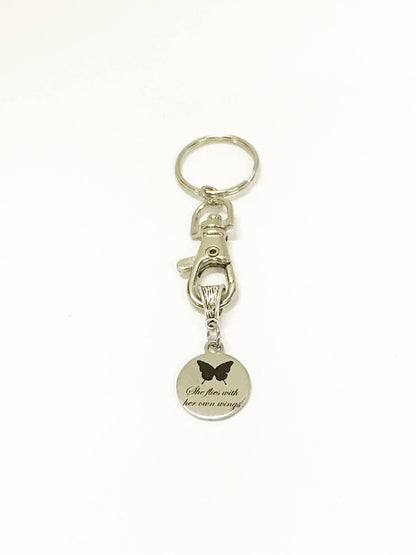 She Flies With Her Own Wings Butterfly Keychain, Encouragement Gift for Her, New Car Gift For Daughter, Going To College Gift, Motivational