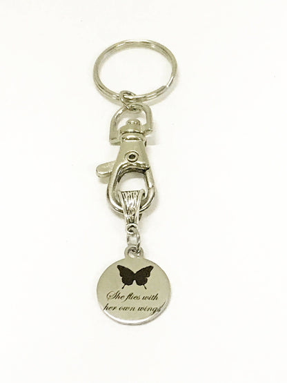 She Flies With Her Own Wings Butterfly Keychain, Encouragement Gift for Her, New Car Gift For Daughter, Going To College Gift, Motivational