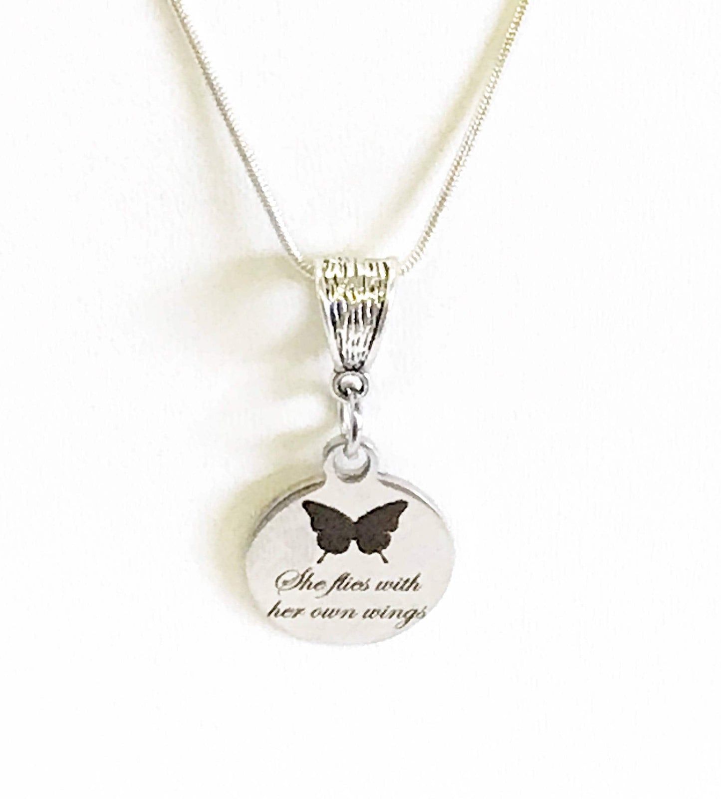 She Flies With Her Own Wings Butterfly Pendant on Silver Chain, Motivational Jewelry Gift For Her, Inspiring Jewelry For Daughter