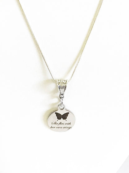 She Flies With Her Own Wings Butterfly Pendant on Silver Chain, Motivational Jewelry Gift For Her, Inspiring Jewelry For Daughter