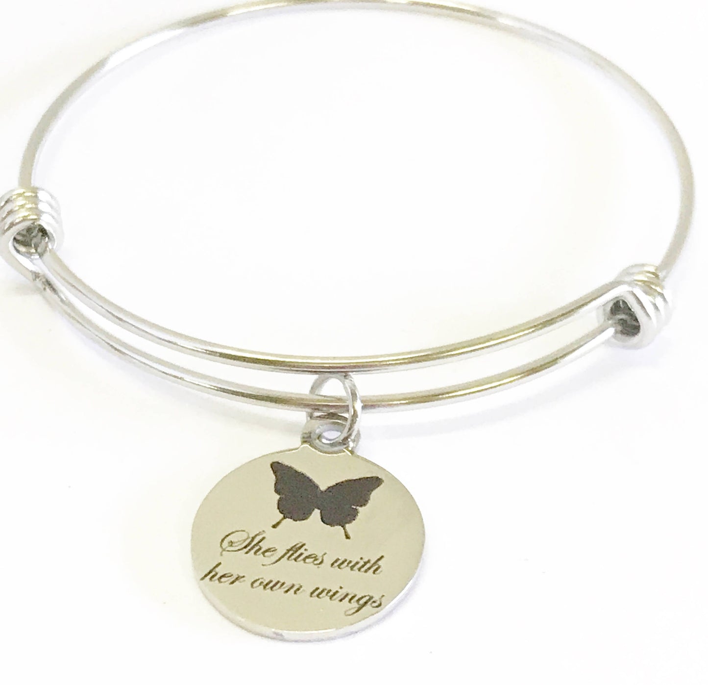 She Flies With Her Own Wings Butterfly Expanding Bangle Charm Bracelet, Motivational Jewelry Gift For Her, Inspirational Daughter Bracelet