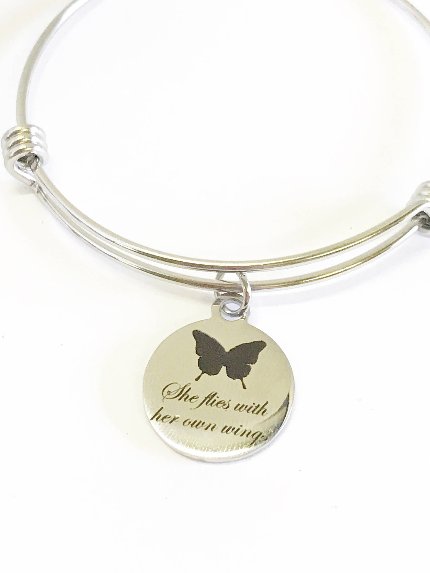 She Flies With Her Own Wings Butterfly Expanding Bangle Charm Bracelet, Motivational Jewelry Gift For Her, Inspirational Daughter Bracelet