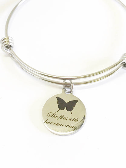 She Flies With Her Own Wings Butterfly Expanding Bangle Charm Bracelet, Motivational Jewelry Gift For Her, Inspirational Daughter Bracelet