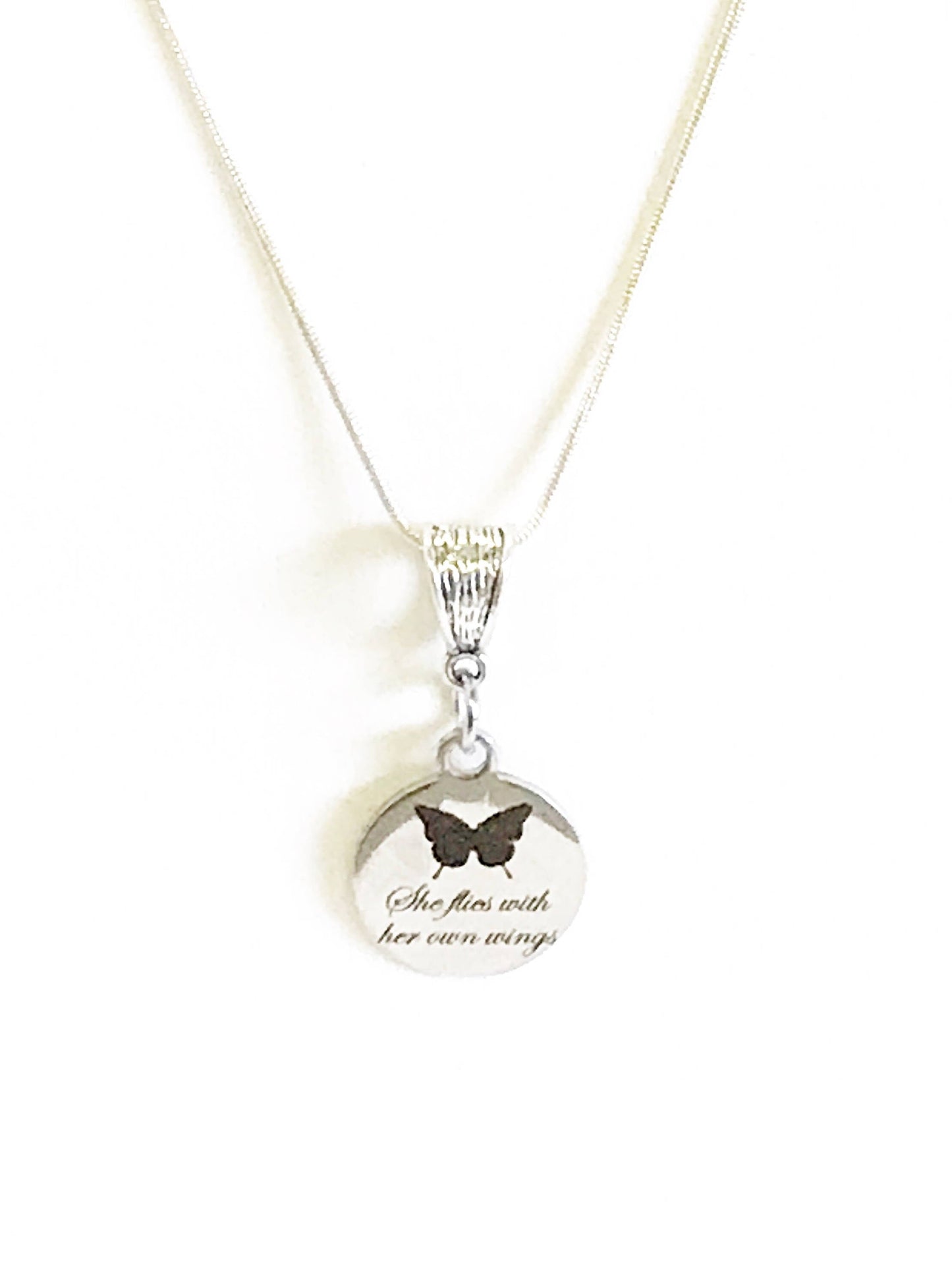 She Flies With Her Own Wings Butterfly Pendant on Silver Chain, Motivational Jewelry Gift For Her, Inspiring Jewelry For Daughter