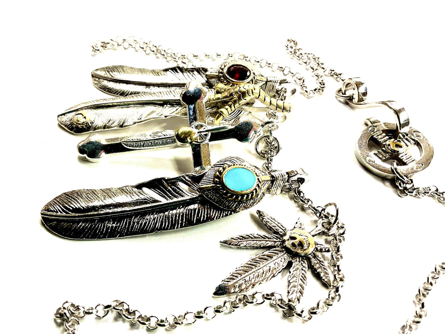 Cross Eagle Feather Necklace Western 3 Dangle Silver Eagle Claw Antique Pendants Bohemian Boho Hippie Turquoise Indian Jewelry