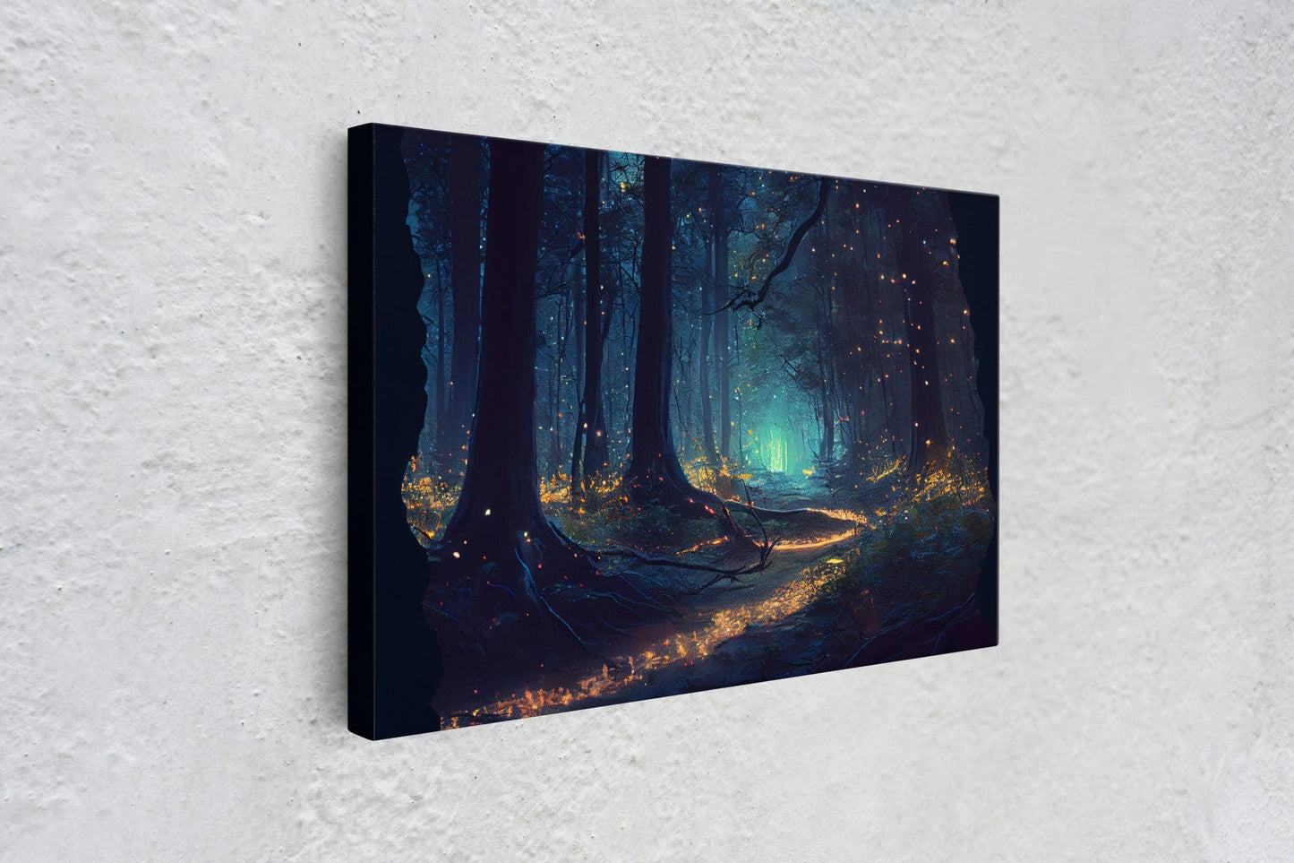 Fireflies light up a mystical fantasy forest at night, framed canvas art, framed print