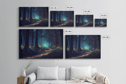 Fireflies light up a mystical fantasy forest at night, framed canvas art, framed print