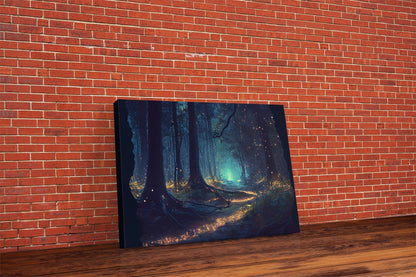 Fireflies light up a mystical fantasy forest at night, framed canvas art, framed print