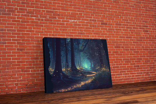 Fireflies light up a mystical fantasy forest at night, framed canvas art, framed print