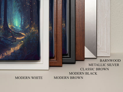 Fireflies light up a mystical fantasy forest at night, framed canvas art, framed print