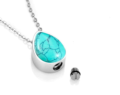 Turquoise Teardrop Memorial Urn Cross Silver Necklace Pet Cremation Waterproof Stainless Steel Urn for Ashes Remains Men Woman Jewellery