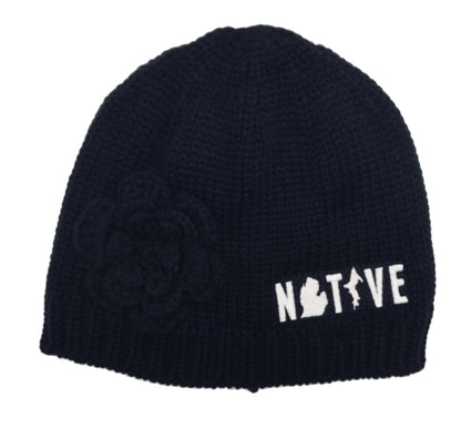 Hat - Michigan Native Knit with flower - Black-FINAL SALE