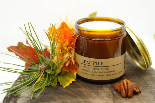 Leaf Pile Soy Wax Candle | 16 oz Double Wick Amber Apothecary Jar