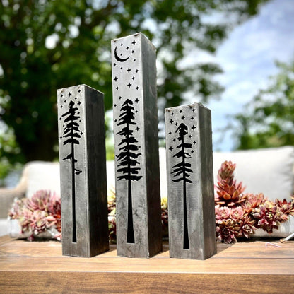 Pine Tree Night Sky Luminary Pillars w/ Solar Cap