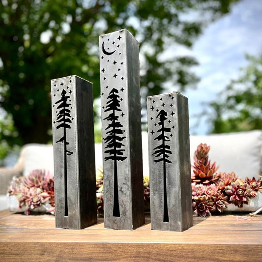 Pine Tree Night Sky Luminary Pillars w/ Solar Cap