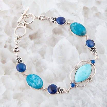 Regal Blue Turquoise and Apatite Sterling Silver Link Bracelet